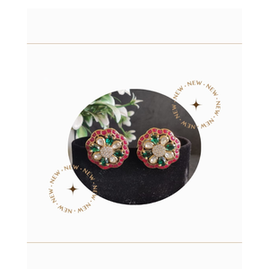 Elegant Floral <b>Stud</b> <b>Earrings</b> Gold Plated with White <b>Crystal</b> Cluster Pink Enamel and Green Stone Design - Product Image 4