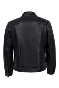 Veste en cuir véritable noire pour homme, col rabattu, fermeture à boutons, manches régulières, couleur unie, vêtement d'automne - Product Image 2