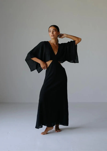 Women's Eco-Friendly Black Maxi Dress with Deep V-Neck Cut-Out Design Flare Sleeves Natural Waist for Evening & Cocktail Parties - Product Image 4