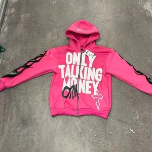 เสื้อฮู้ดซิปผู้ชายสีชมพู พิมพ์ลาย Only Talking Money ผ้าฟลีซ สไตล์ฮิปฮอป ทรงปกติ ใส่ได้ในฤดูใบไม้ร่วง - Product Image 1