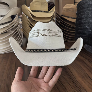 Beige Straw Cowboy <b>Hat</b> With Black <b>Band</b> Wide Brim Unisex Outdoor Spring Summer Casual Adult Fit 58-60CM - Product Image 3