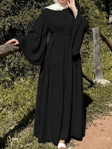 2026 Modest Casual Comfortable Women's Simple Chiffon Solid Color Strap Waist Neck Long Sleeved Breathable Eco-friendly - Product Image 2