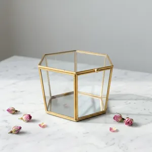 Geometric Glass <b>Jewelry</b> <b>Box</b> with Brass Frame <b>Mirror</b> Base Storage Organizer for Rings Necklaces Accessories Cosmetic - Product Image 2