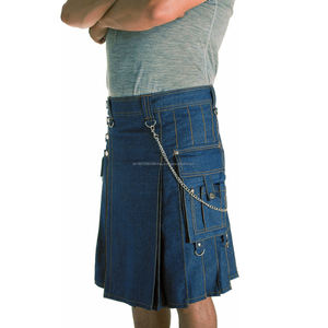 Kilt écossais en denim bleu pour homme, clous en laiton, respirant, anti-rides, chaînes métalliques, vente en gros, promotion - Product Image 5