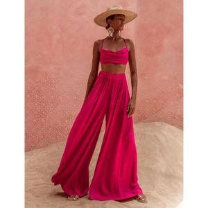 Boho Style Women Two Piece Set <b>Spaghetti</b> <b>Strap</b> Crop Top and Flowy Wide Leg Pants Summer Wear - Product Image 3