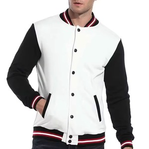 <b>Men's</b> <b>White</b> PU Varsity <b>Jacket</b> Black Sleeves Single Button Closure Stand Windproof Casual Autumn Wear Finished OEM Service Front - Product Image 1