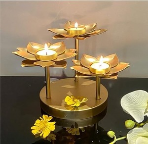Gold Brass 3 Arm Tea <b>Light</b> Holder Candelabra Ginkgo <b>Leaf</b> Metal Candlestick with Glass Cups for Home Decor - Product Image 2