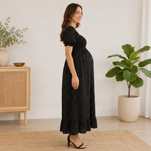 Robe longue de maternité à pois noirs, coupe trapèze, col en V, manches courtes, coupe ample, respirante, vêtements d'été pour femmes - Product Image 5