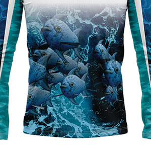 เสื้อตกปลาแห้งเร็ว UPF 50 สำหรับทุกเพศ แขนยาว พิมพ์ลายดิจิทัล ป้องกันรังสียูวี โพลีเอสเตอร์ เสื้อสำหรับกิจกรรมกลางแจ้ง โลโก้ด้านหน้า ลายปลาสีน้ำเงิน - Product Image 5
