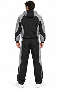 Mens Black Gray Hooded pant windbreaker Tracksuit <b>Set</b> Zip-Up Jacket Breathable <b>Knitted</b> Polyester windbreaker 2 piece <b>set</b> - Product Image 2