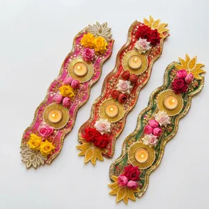 Floral <b>Tapestry</b> Wall <b>Hanging</b> with Candle Holders and Roses for Diwali Home Decor Traditional Style 3Pcs - Product Image 1