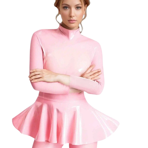 Combinaison longue rose en PU pour femme, col roulé, manches longues, taille froncée, très extensible, style moulant et sexy pour clubbing - Product Image 4