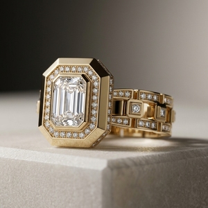 Joyería Masculina de Alta Gama RAAMAA, Anillo de Eslabones Gruesos con Corte Esmeralda, Engaste Halo con Diamante de Laboratorio CVD VS EF, Oro Blanco y Oro Rosa - Product Image 1