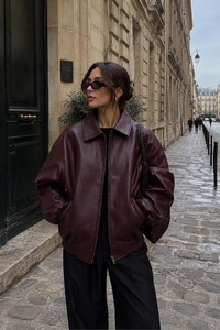 Burgundy Leather <b>Bomber</b> <b>Jacket</b> for Women, Oversized Zip Up <b>Jacket</b>, <b>Vintage</b> Style Outerwear - Product Image 1