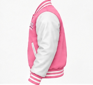 INDEX Varsity <b>Jacket</b> <b>Pink</b> White Sleeve Embroidered Logo Turn-down Collar Button Closure Autumn Wear Unisex Preppy Style - Product Image 3