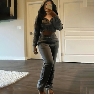 Custom Womens Vintage Acid Wash Tracksuit <b>Cropped</b> <b>Zip</b> Hoodie and Flare Pants Two Piece Set - Product Image 5