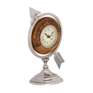 Reloj de Escritorio de Lujo con Diseño de Flecha Plateada y Globo Terráqueo, Incrustaciones de Madera, Estilo Vintage, Base Metálica, Números Romanos, para Oficina - Product Image 1