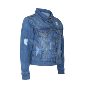 Chaqueta vaquera azul medio desgastada para mujer con cierre de botones, cuello vuelto, manga larga, corte ajustado, informal - Product Image 5