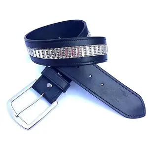 black leather belt with glass beads crystal design