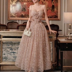 Elegant <b>Vintage</b> Chiffon Woven Breathable Empire Waist <b>Ball</b> <b>Gown</b> Dress Spring Sweetheart Spaghetti Strap Embroidery Ruffles - Product Image 5