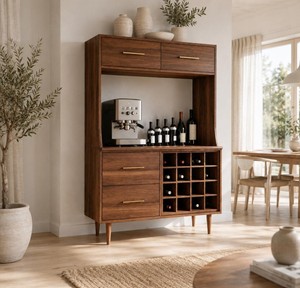 Modern Solid Teak <b>Bar</b> <b>Cabinet</b> with Wine Storage and Coffee Station with Drawers Freestanding Console - Product Image 6