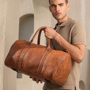 Bolsa de Viaje de Cuero Vintage en Forma de Barril, con Asa Única, Cierre de Cremallera, Logotipo Personalizado, Unisex, de Gran Capacidad - Product Image 1