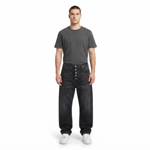 Jeans Holgados Personalizados OEM para Hombre, Talla Grande, 14oz, 100% Algodón, Denim Crudo Negro, Estilo Urbano, Logotipo Bordado, Botones con Efecto Desgastado - Product Image 1