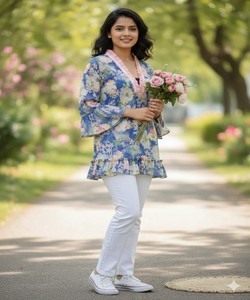 Blusa Étnica Estampada de Poliéster y Rayón, Estilo Elegante, para Uso Diario, Precio al por Mayor, Color Azul - Product Image 1