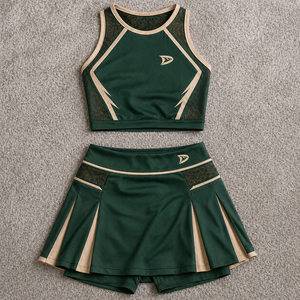Uniforme de pom-pom girl vierge OEM vert forêt et bordure crème, tenue de performance en maille avec empiècements en maille, vente en gros - Product Image 1