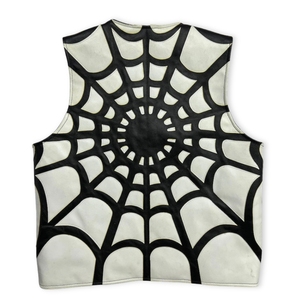 Toiles d'araignée en cuir |   Gilet de motard en cuir noir épais, le nec plus ultra du streetwear, gilet en cuir pleine fleur motif araignée à 360 degrés - Product Image 2