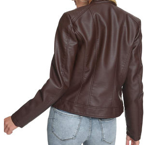 Blouson moto en similicuir marron pour femme, manches longues, fermeture éclair, col montant, vêtement d'extérieur décontracté, coupe courte - Product Image 6