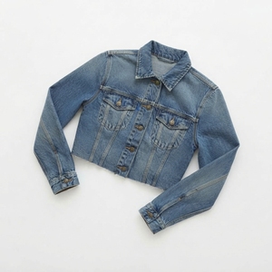 TASHU Women Blue Denim Jacket Cropped Frayed Hem Trucker <b>Coat</b> Long Sleeve Puff Sleeve Turn Down Collar Patch Pocket Y2K Zipper - Product Image 6