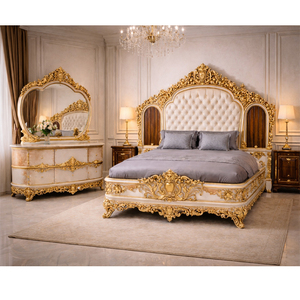 ชุดเฟอร์นิเจอร์ห้องนอนหรูหราสไตล์มหาราชาสั่งทำพิเศษ ธีมวินเทจ สีขาวและทอง แกะสลักจากไม้สัก ชุดห้องนอนออสเตรเลีย - Product Image 1