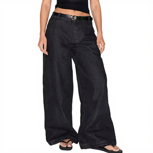 Jean large noir taille haute pour femme, coupe ample, denim délavé vintage, pantalon baggy streetwear - Product Image 1