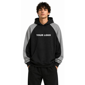 Sweat-shirt à capuche pour homme, noir et gris, manches raglan, coupe oversize, logo frontal, décontracté, automne, en coton molletonné tricoté, impression par transfert thermique - Product Image 4