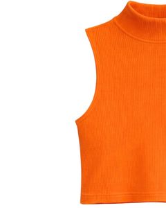 Débardeur court côtelé orange personnalisé à col montant sans manches pour femme, coupe ajustée, extensible, décontracté, mode estivale, basique - Product Image 2