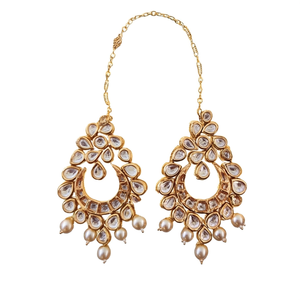 Vintage Brass Gold Plated Kundan Wedding Drop Hoop Earrings with Pearl - Product Image 2