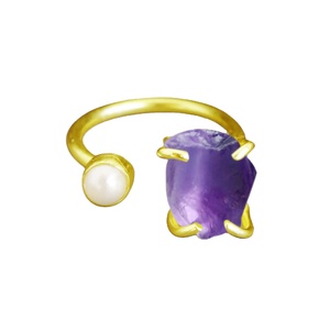 Raw Amethyst Birthstone <b>Ring</b> with Pearl – 925 Sterling <b>Silver</b> <b>Adjustable</b> Prong Set Band for Women - Product Image 1