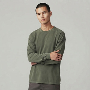 T-shirt à manches longues pour homme, effet délavé, coton épais, coupe ample, col rond, style streetwear vintage - Product Image 5