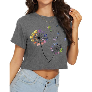 Women's Gray Crop <b>Top</b> Short Sleeve O-Neck Floral Print Casual T-Shirt Spring Summer Wear - Product Image 5