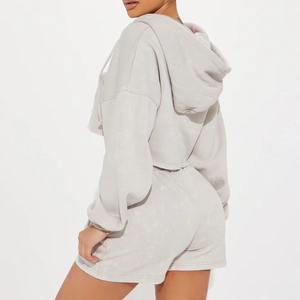 Conjunto de 2 Piezas de Pantalones Cortos y Sudadera con Capucha de Punto Sólido, Cálido y Cómodo, 320g, Deportivo, Informal, Otoño Invierno, Encaje, 100% Algodón - Product Image 5