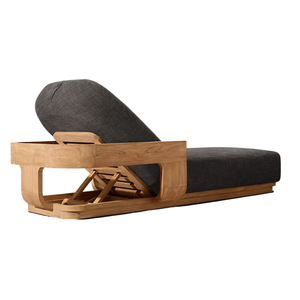 Chaise longue moderne minimaliste en teck avec coussin noir, dossier réglable, pour extérieur, bord de piscine, mobilier de jardin - Product Image 4