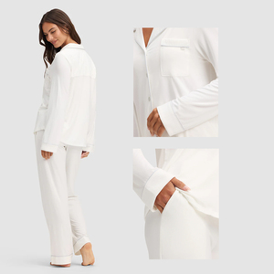 Ensemble de pyjama en modal à manches longues, couleur unie turquoise, col cranté, fermeture boutonnée, vente en gros, vêtements de nuit personnalisés pour femmes BD - Product Image 3