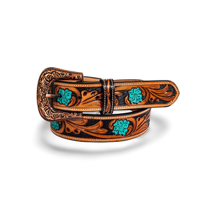 Nuevo Cinturón de Cuero de Grano Completo con Estampado Floral Occidental en Relieve, Hebilla de Cobre, Diseño Pintado, Estilo Casual y Duradero - Product Image 3