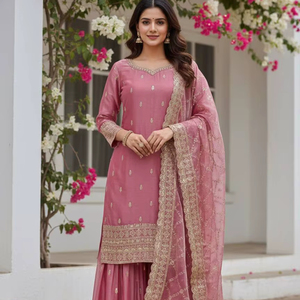 Présentation du nouveau top prêt-à-porter au design fantaisie, richement brodé et orné de sequins - Plazzo avec dupatta - Product Image 1