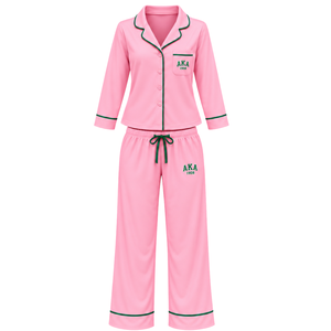 Women's Pink Pajama Set with Green Piping and AKA® 1908 Embroidery <b>Long</b> Sleeve Button Front Shirt Matching Drawstring Trouser - Product Image 1