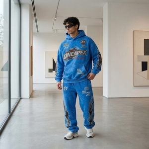 Conjunto Deportivo Azul para Hombre, Sudadera con Capucha Extra Grande y Pantalones Deportivos, Ropa Deportiva Urbana, Logotipo Bordado Personalizado, Algodón Grueso, Dos Piezas - Product Image 3