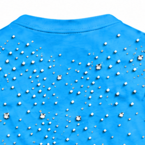 Camiseta Unisex Azul Claro con Perlas, Elegante Camiseta de Cuello Redondo y Manga Corta con Adornos de Perlas para Ropa Urbana y Moda Diaria - Product Image 4