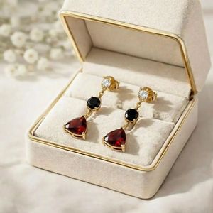 Natural Garnet Trillion Shape <b>Stud</b> Earrings With Black Obsidian Round Faceted Drop And CZ Accent Handmade <b>Sterling</b> <b>Silver</b> - Product Image 5