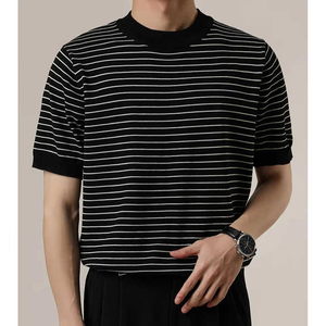 Camiseta de manga corta a rayas, 100% algodón suave, cuello redondo, corte regular, informal, tejida y transpirable para hombre. - Product Image 5